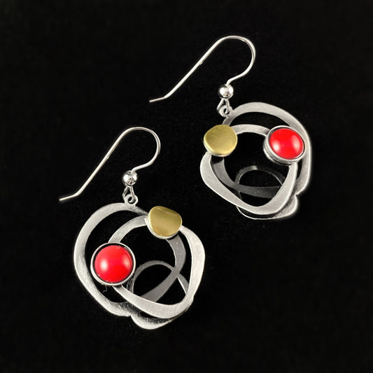 Lightweight Handmade Geometric Aluminum Earrings, Silver and Red Circles
