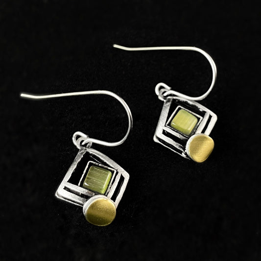Lightweight Handmade Geometric Aluminum Earrings, Small Silver/Green Square