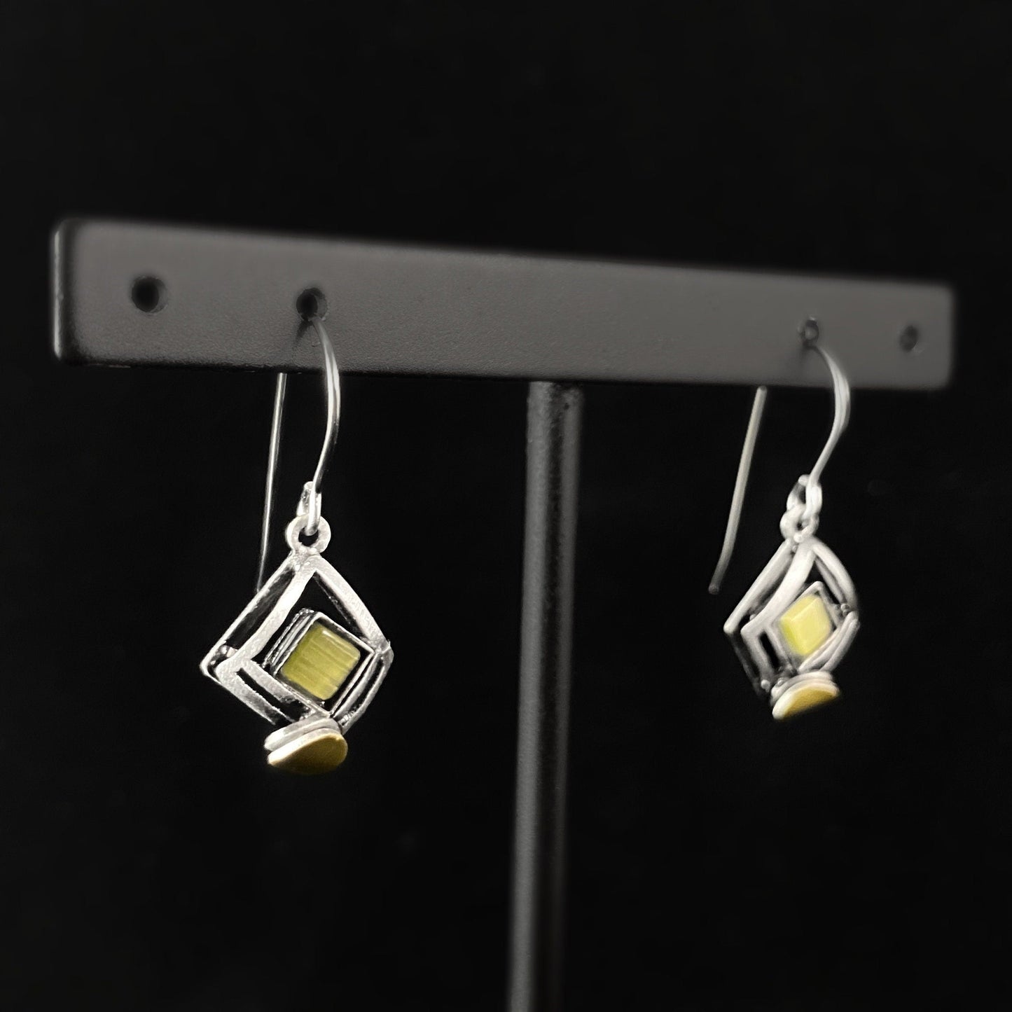 Lightweight Handmade Geometric Aluminum Earrings, Small Silver/Green Square