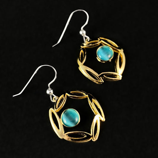 Lightweight Handmade Geometric Aluminum Earrings, Teal/Gold Wreath