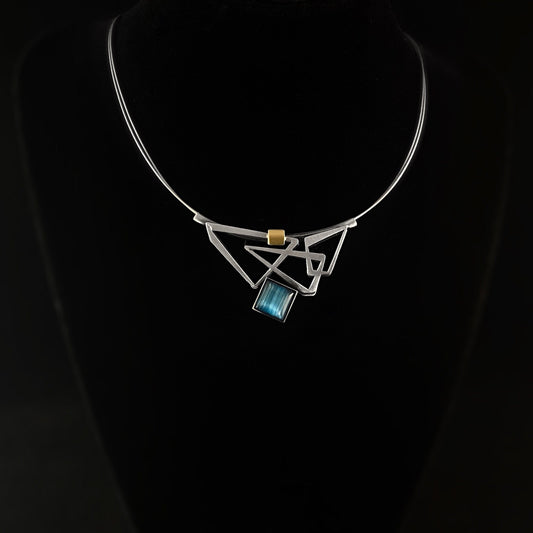 Lightweight Handmade Geometric Aluminum Necklace, Blue and Silver Triangles