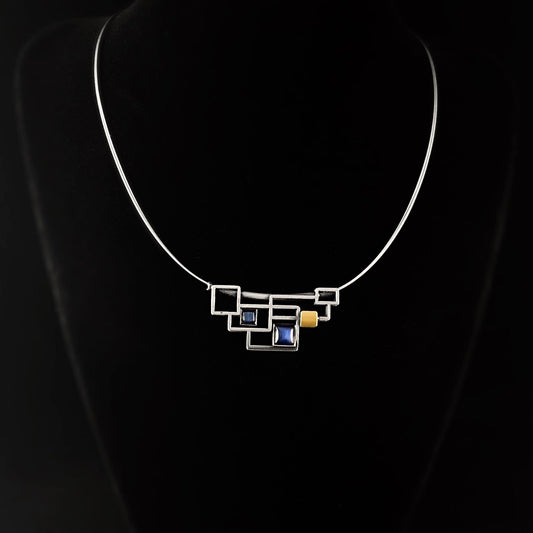Lightweight Handmade Geometric Aluminum Necklace, Blue/Silver, Layered Boxes