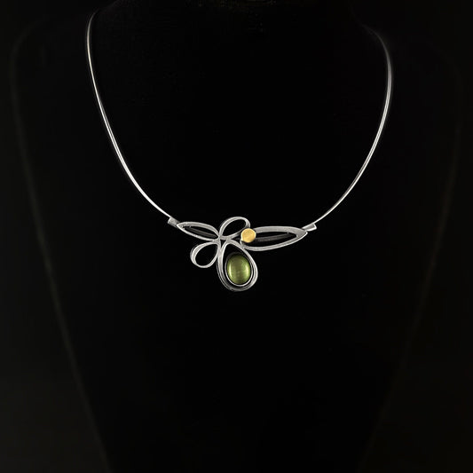 Lightweight Handmade Geometric Aluminum Necklace, Gray Ovals Green Stones