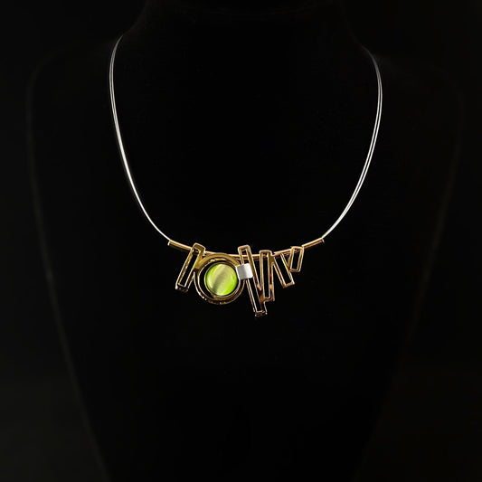 Lightweight Handmade Geometric Aluminum Necklace, Green and Gold Ladder