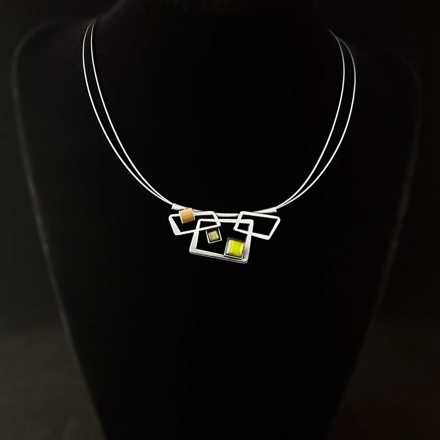 Lightweight Handmade Geometric Aluminum Necklace, Green and Silver Rectangles