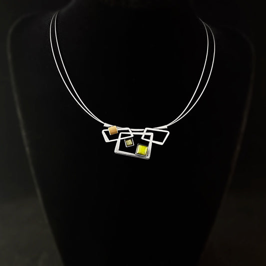 Lightweight Handmade Geometric Aluminum Necklace, Green and Silver Rectangles