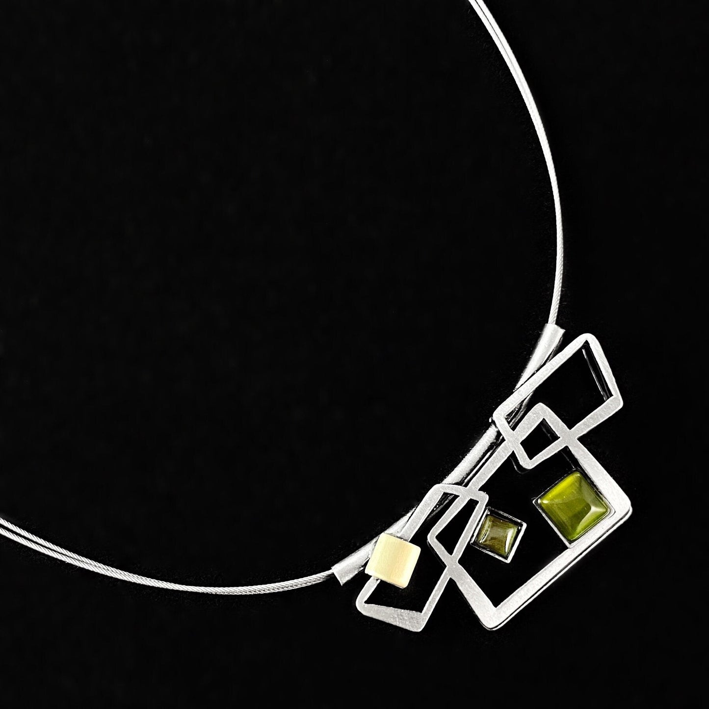 Lightweight Handmade Geometric Aluminum Necklace, Green and Silver Rectangles