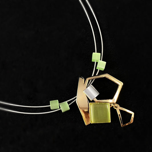 Lightweight Handmade Geometric Aluminum Necklace, Green/Gold Blocks