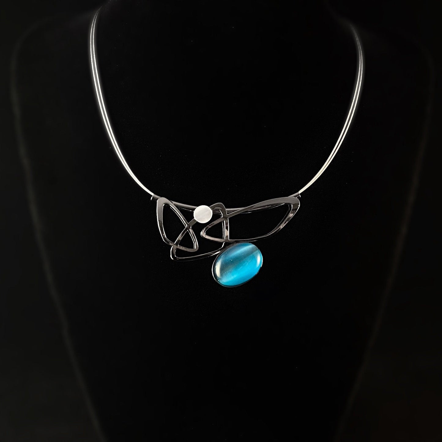 Lightweight Handmade Geometric Aluminum Necklace, Gunmetal and Blue Shapes