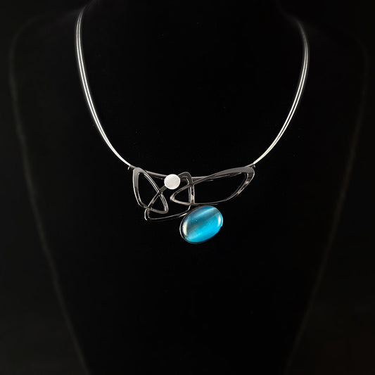 Lightweight Handmade Geometric Aluminum Necklace, Gunmetal and Blue Shapes