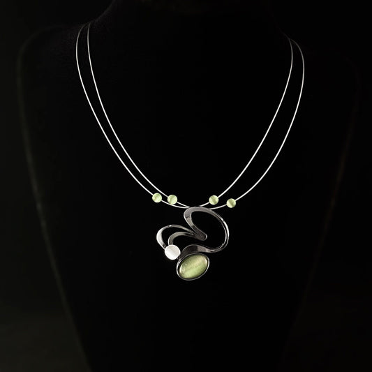 Lightweight Handmade Geometric Aluminum Necklace, Gunmetal/Green Rolling Hills