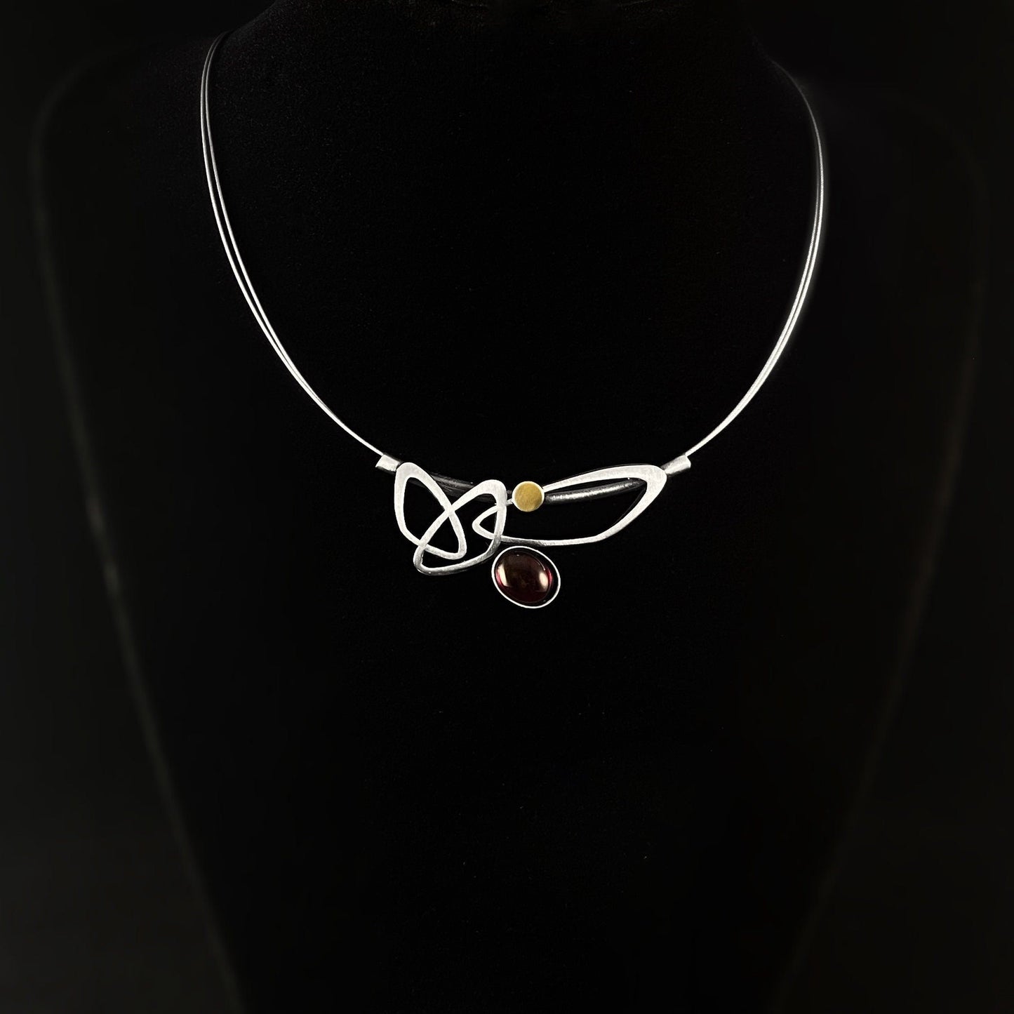 Lightweight Handmade Geometric Aluminum Necklace, Red and Silver Ovals w/ Gold Accent