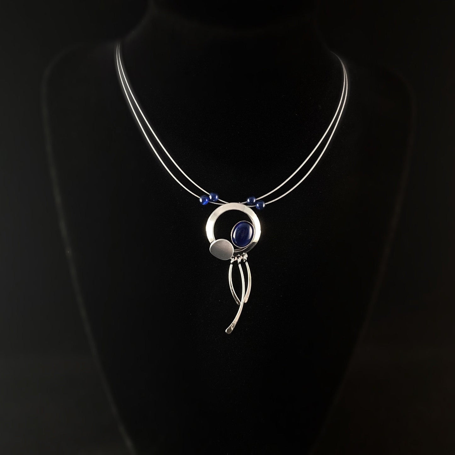 Lightweight Handmade Geometric Aluminum Necklace, Silver and Blue Dangle