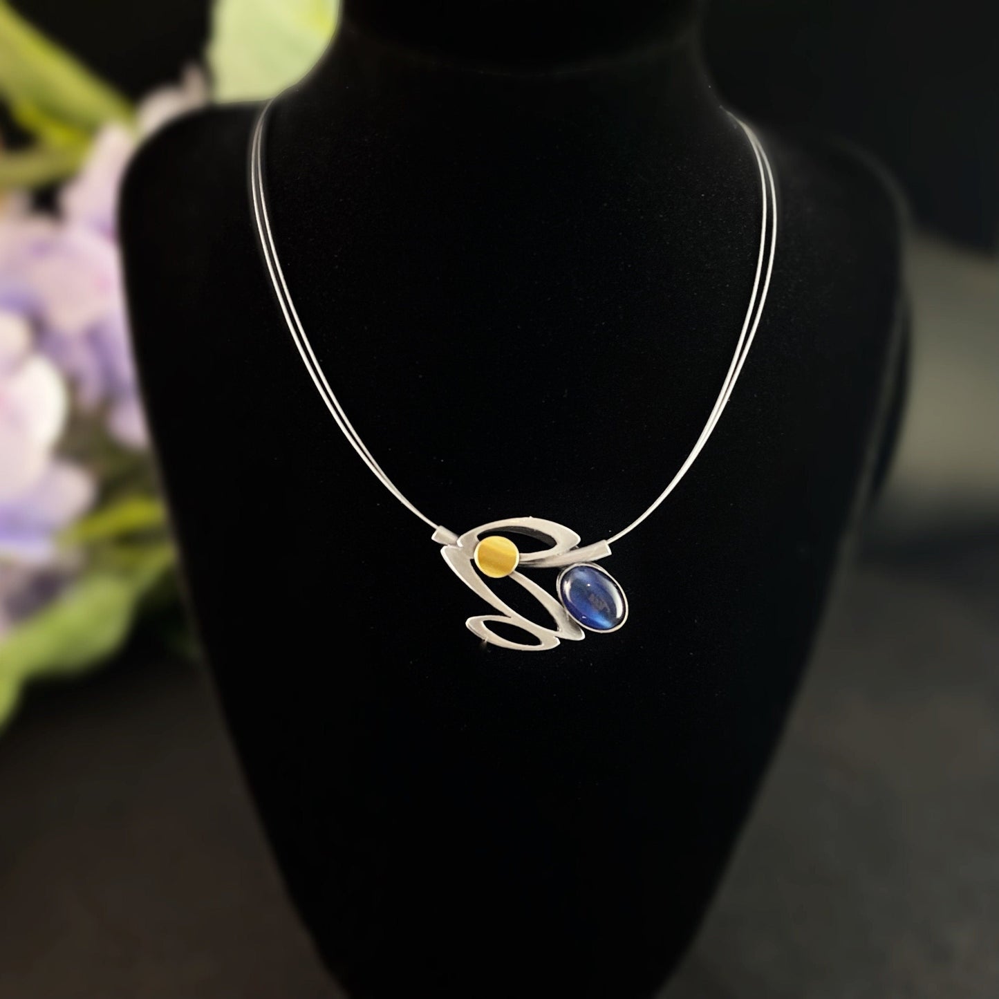 Lightweight Handmade Geometric Aluminum Necklace, Silver and Blue