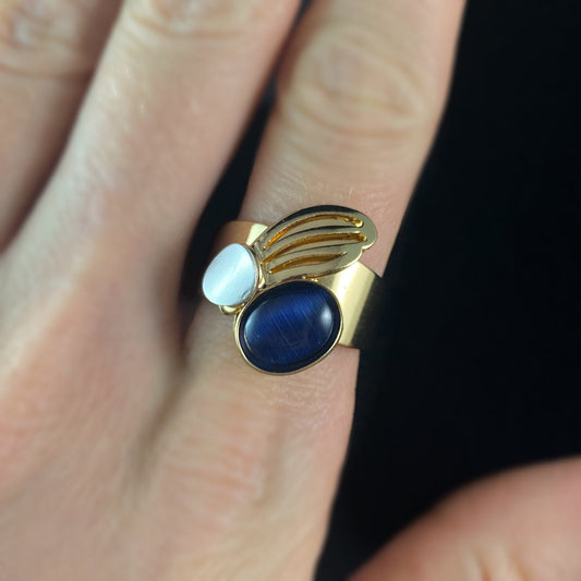 Lightweight Handmade Geometric Aluminum Ring, Blue and Gold Bunny Ear