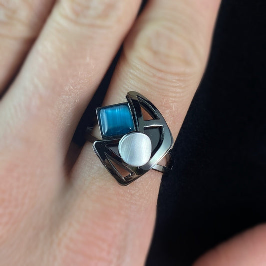 Lightweight Handmade Geometric Aluminum Ring, Blue and Gunmetal Angled Crescent