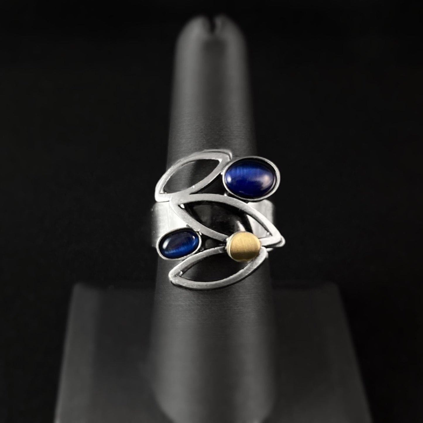 Lightweight Handmade Geometric Aluminum Ring, Blue and Silver Flowering Vine