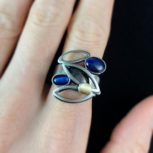 Lightweight Handmade Geometric Aluminum Ring, Blue and Silver Flowering Vine