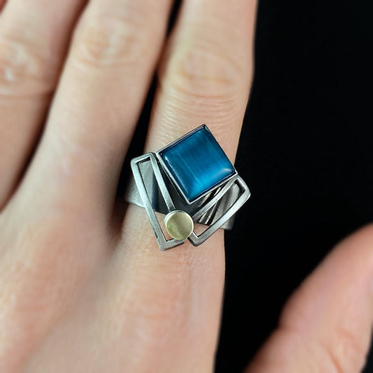 Lightweight Handmade Geometric Aluminum Ring, Blue and Silver Tulip