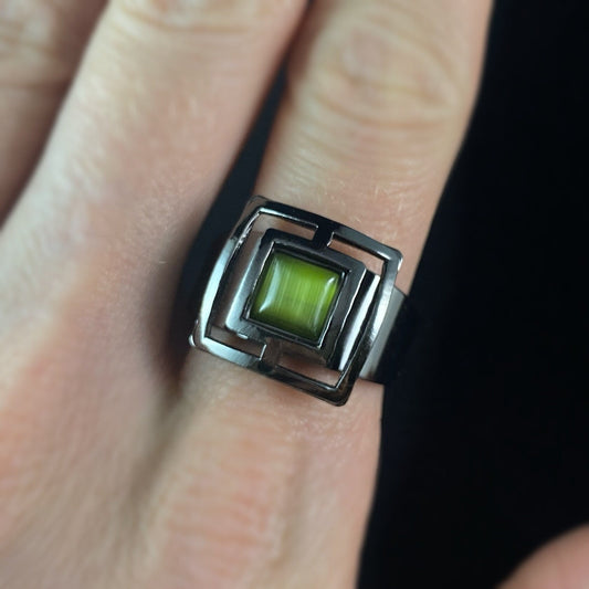 Lightweight Handmade Geometric Aluminum Ring, Green and Gunmetal Maze
