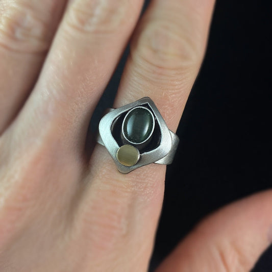 Lightweight Handmade Geometric Aluminum Ring, Green and Silver Diamond Eye