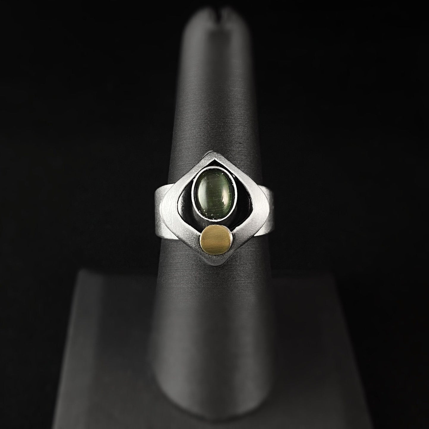 Lightweight Handmade Geometric Aluminum Ring, Green and Silver Diamond Eye