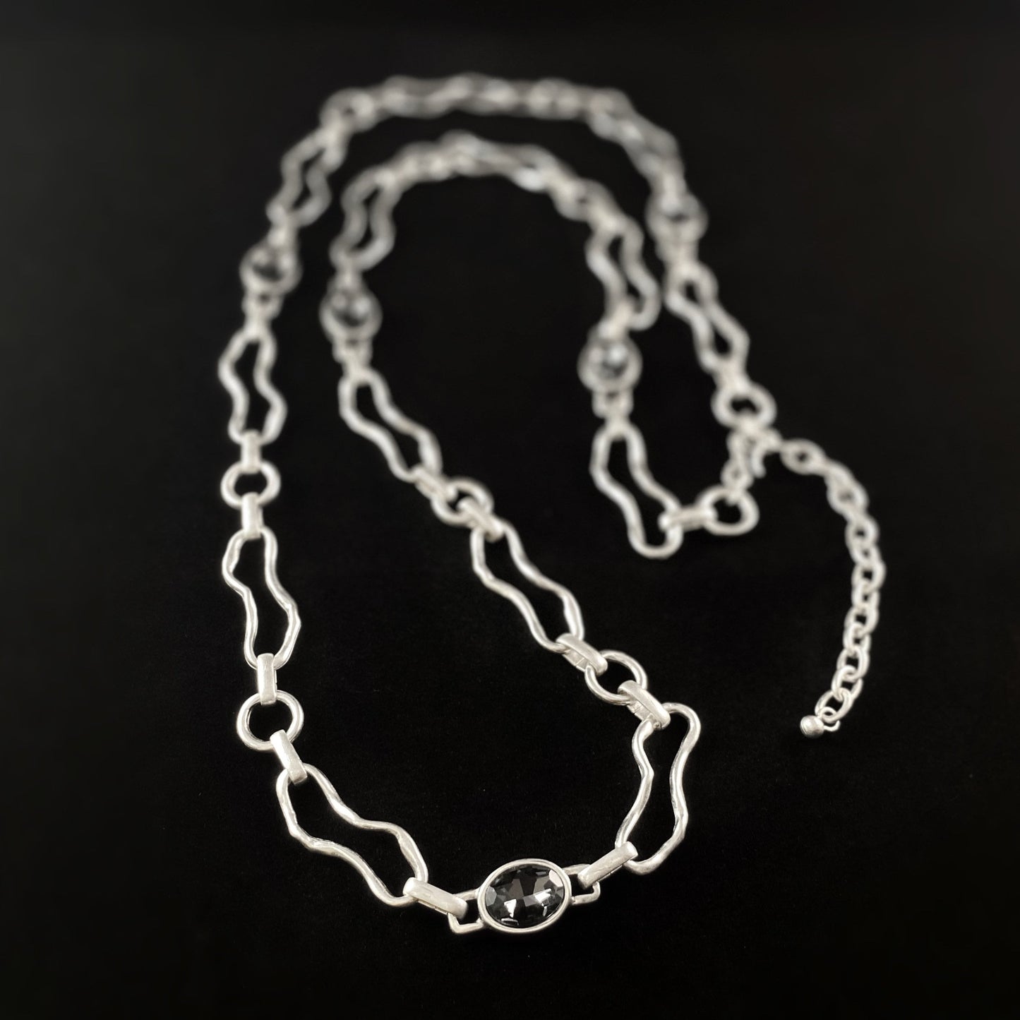 Long Abstract Silver Chain Necklace with Purple Crystal Accents, Handmade, Nickel Free