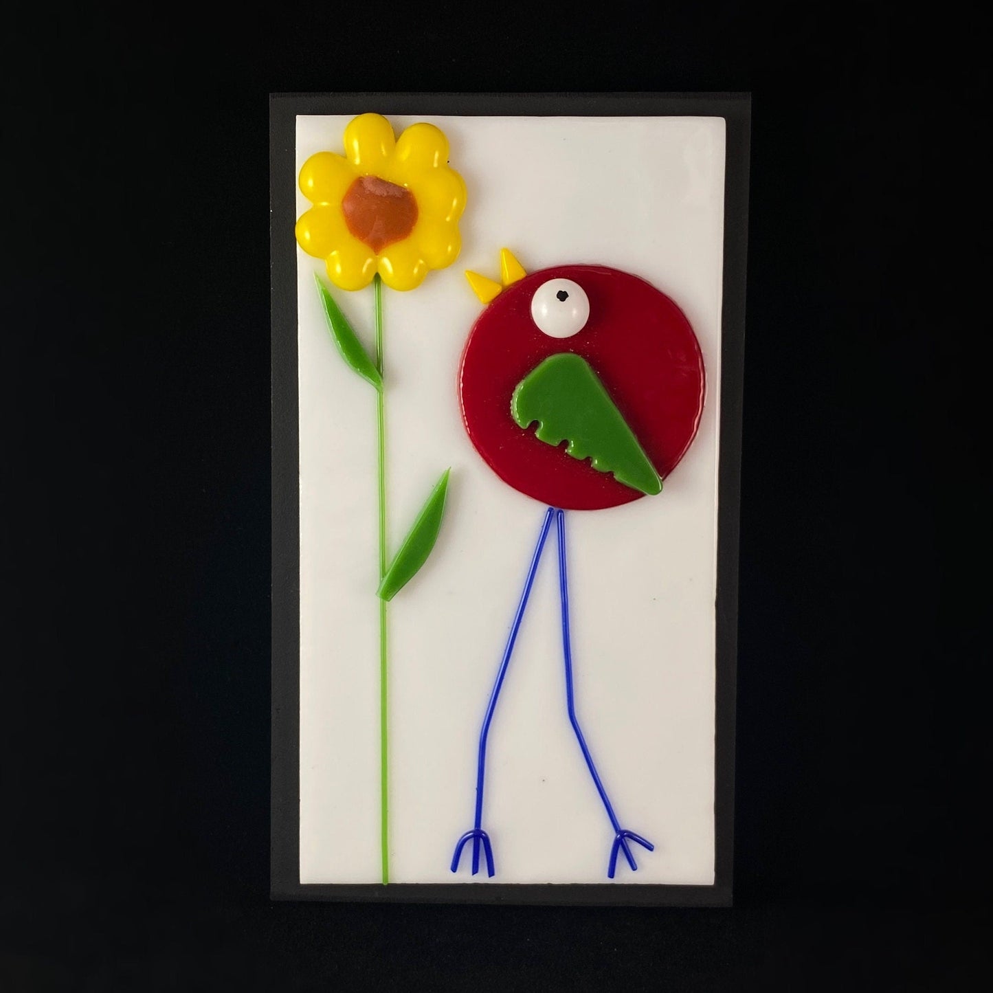 Long Legged Bird With Bloom Handmade Glass Wall Decor, White - Made in USA