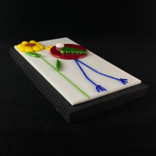 Long Legged Bird With Bloom Handmade Glass Wall Decor, White - Made in USA