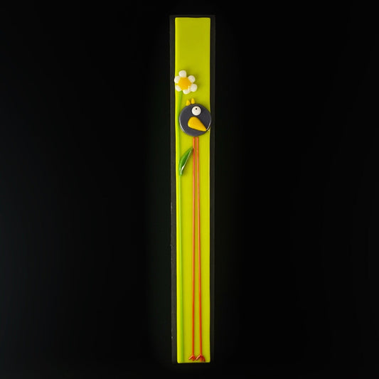 Long Legged Bird With Flower Handmade Glass Wall Decor, Chartreuse - Made in USA