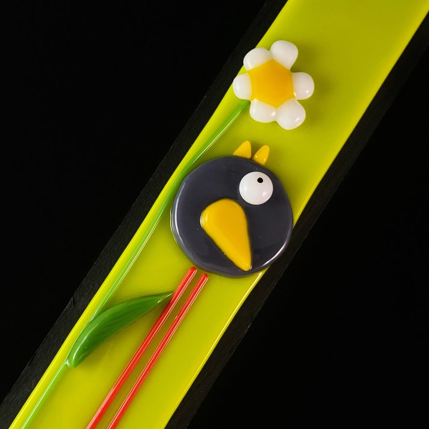 Long Legged Bird With Flower Handmade Glass Wall Decor, Chartreuse - Made in USA
