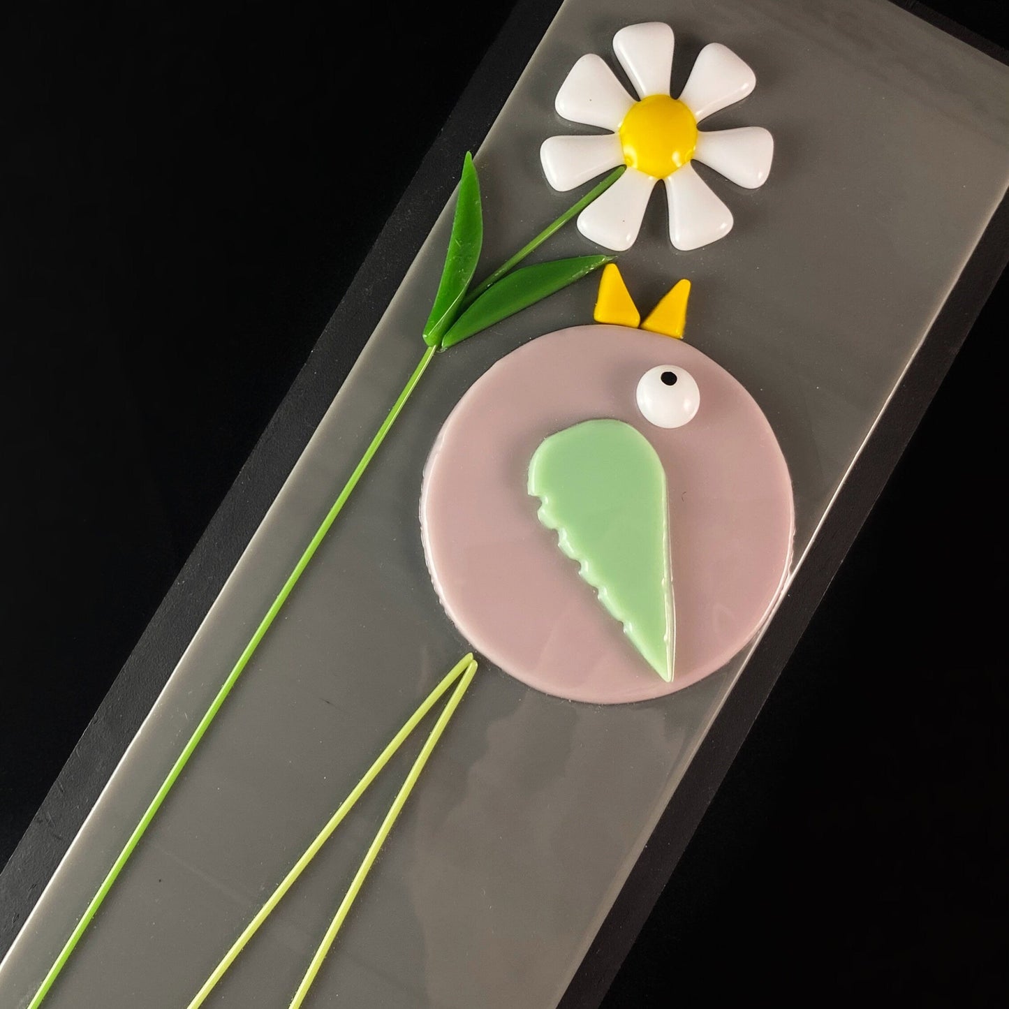 Long Legged Bird With Flower Handmade Glass Wall Decor, Gray - Made in USA