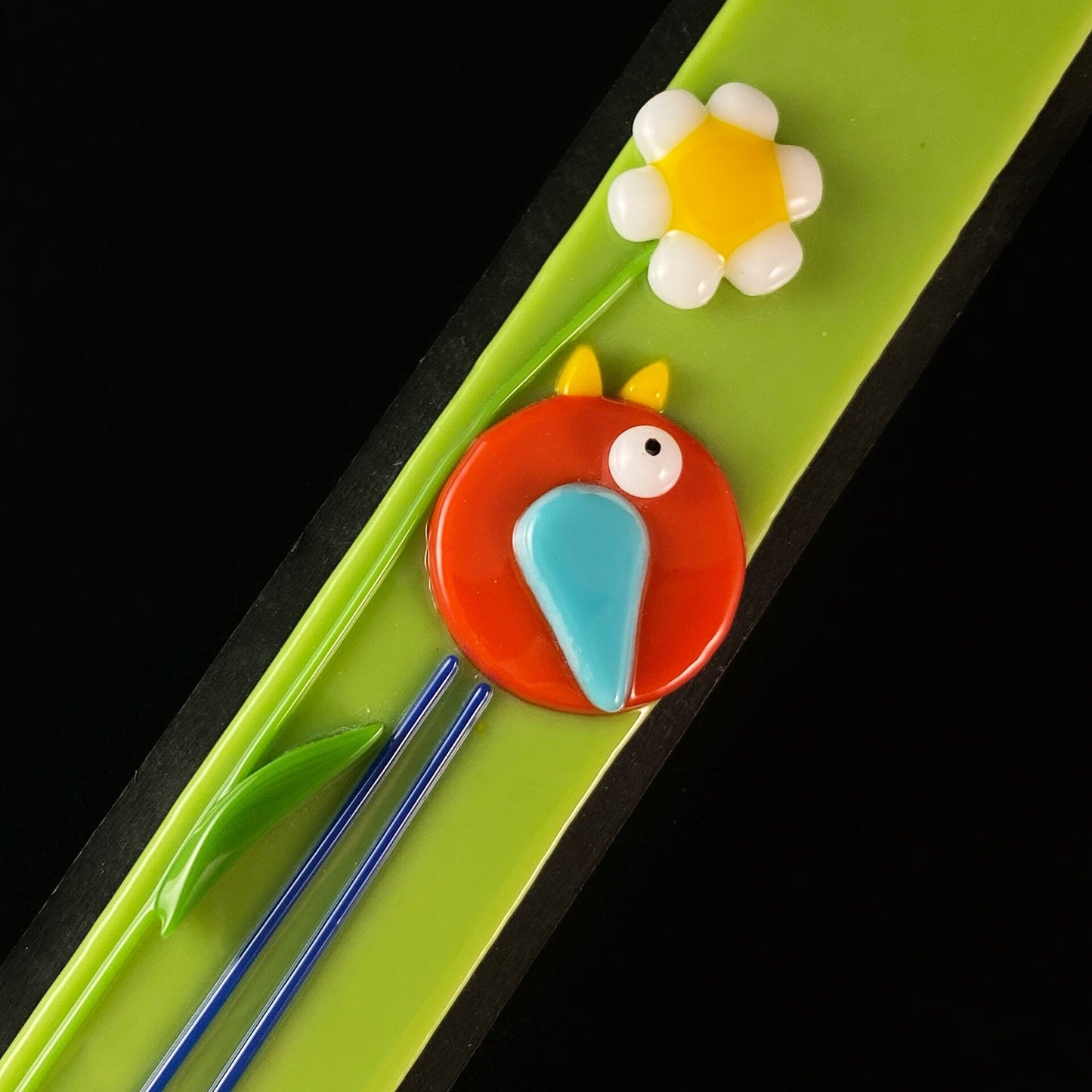 Long Legged Bird With Flower Handmade Glass Wall Decor, Green - Made in USA