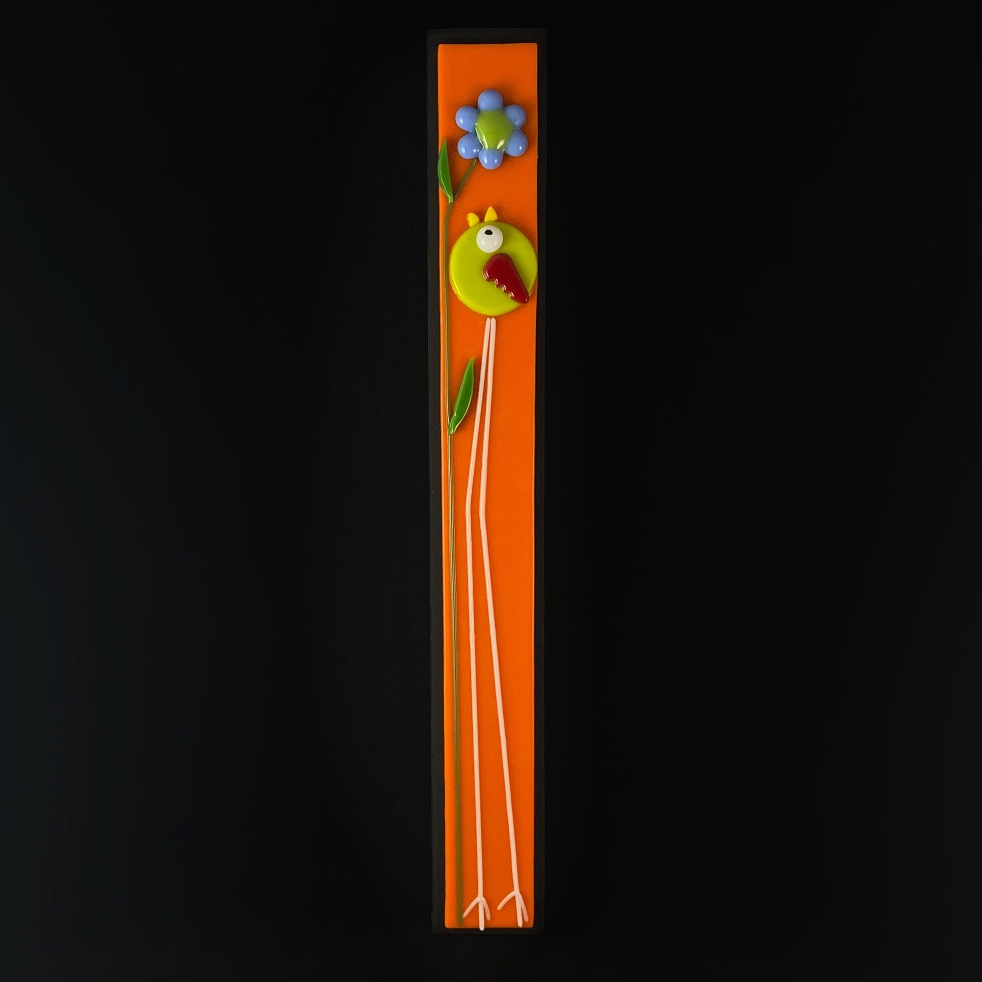Long Legged  Bird With Flower Handmade Glass Wall Decor, Orange- Made in USA