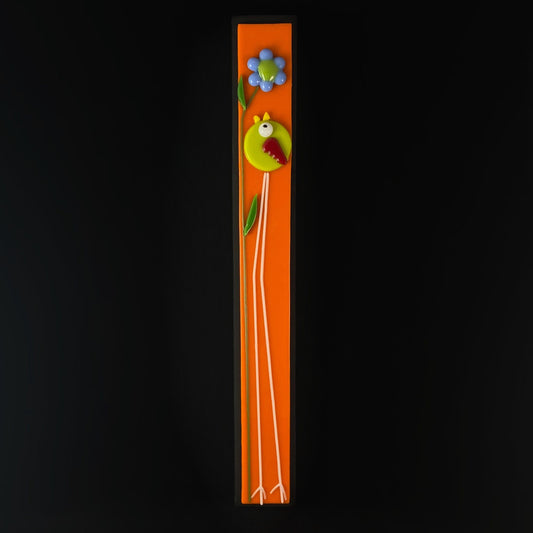 Long Legged Bird With Flower Handmade Glass Wall Decor, Orange- Made in USA