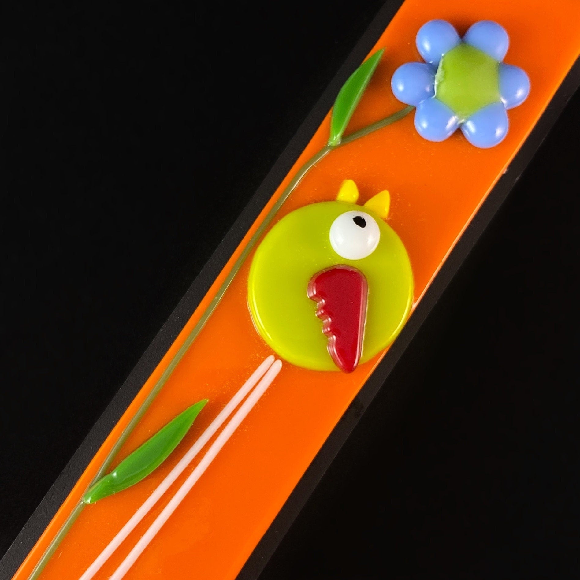 Long Legged  Bird With Flower Handmade Glass Wall Decor, Orange- Made in USA