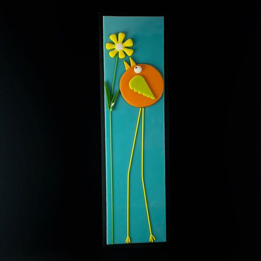 Long Legged Bird With Flower Handmade Glass Wall Decor, Teal - Made in USA