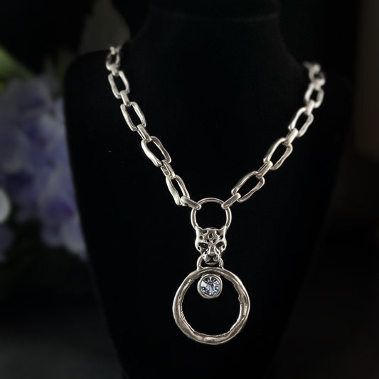 Long Silver Chain Link Necklace with Blue Crystal, Handmade, Nickel Free
