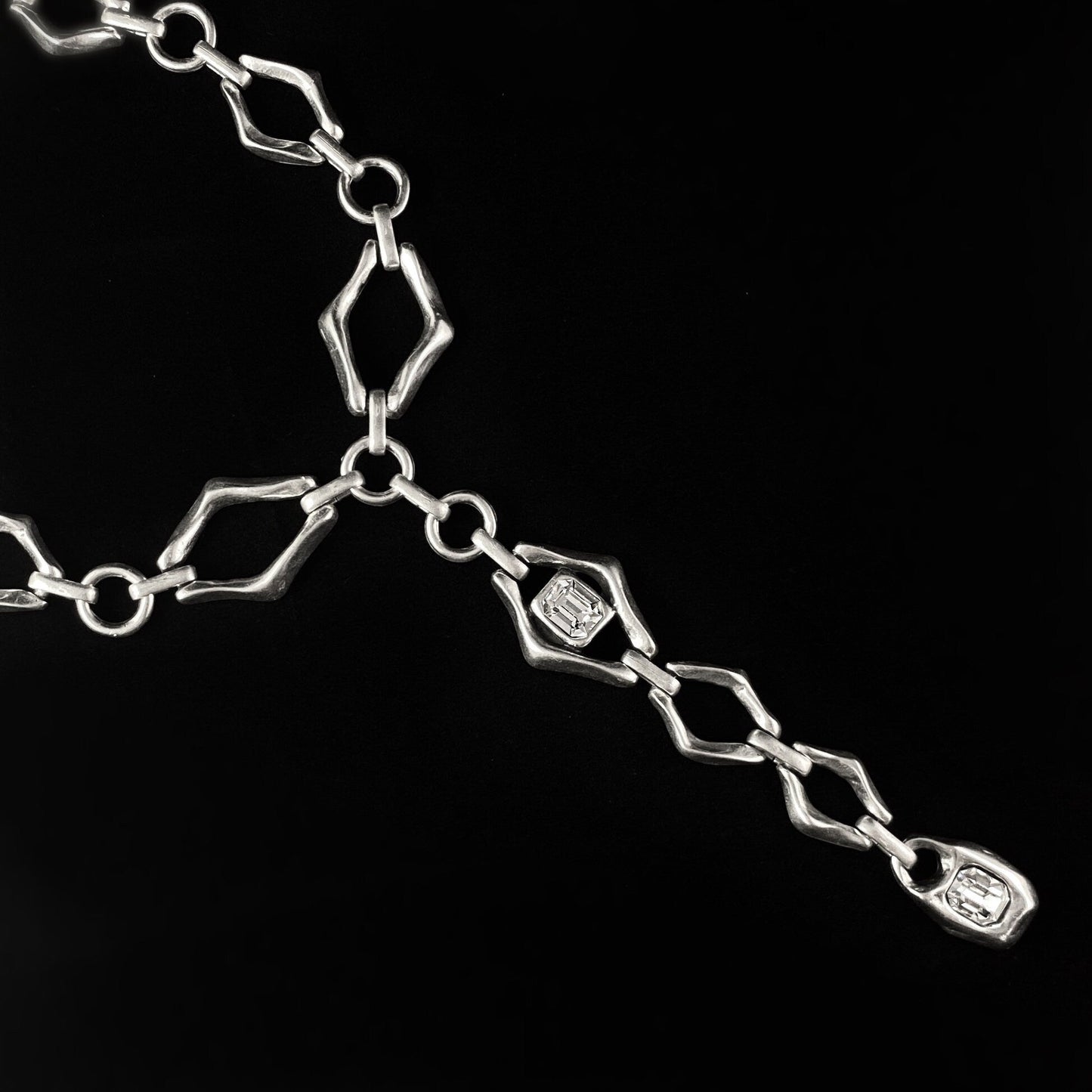 Long Silver Chunky Chain Link Lariat Necklace with Clear Crystals, Handmade, Nickel Free