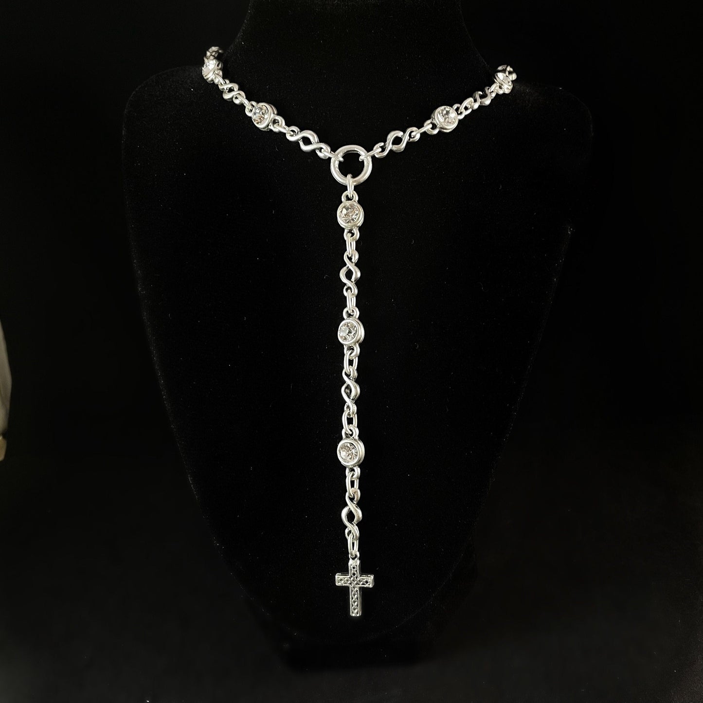 Long Silver Cross Necklace with Crystals, Handmade, Nickel Free