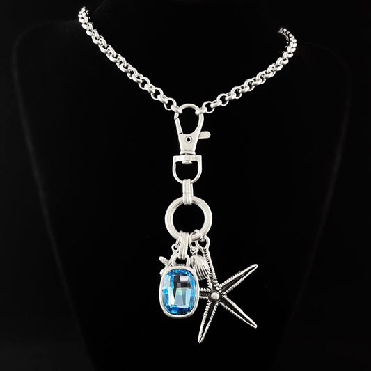 Long Silver Necklace with Blue Crystal and Starfish Pendant, Handmade, Nickel Free - Noir