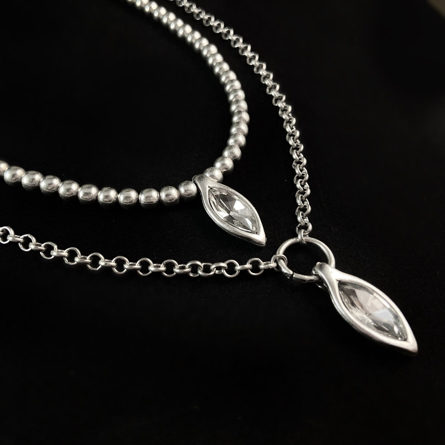 Long Silver Statement Necklace with Clear Crystals, Handmade, Nickel Free