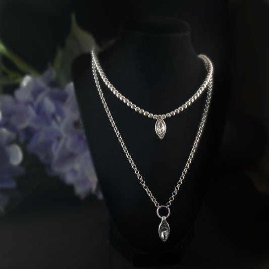 Long Silver Statement Necklace with Clear Crystals, Handmade, Nickel Free