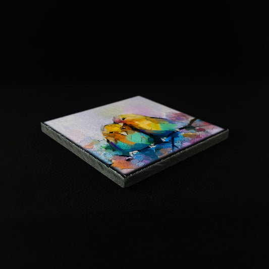 Lovebirds on a Branch of Florals, Art Block Coaster - Unique Home/Office Decor