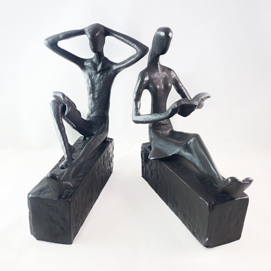 Man and Woman Reading Iron Sculpture Bookend Set - Unique Home Decor