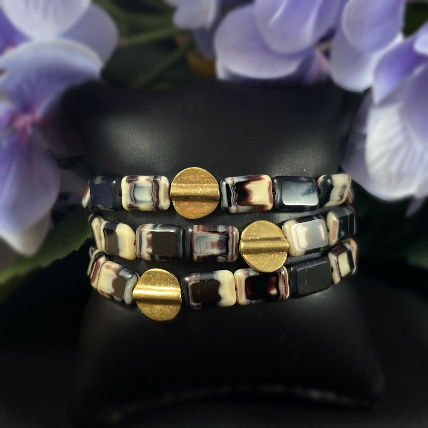Marbled Bead Geometric Art Deco Style Bracelet - 18kt Gold Over Brass with Czech Glass - David Aubrey Jewelry