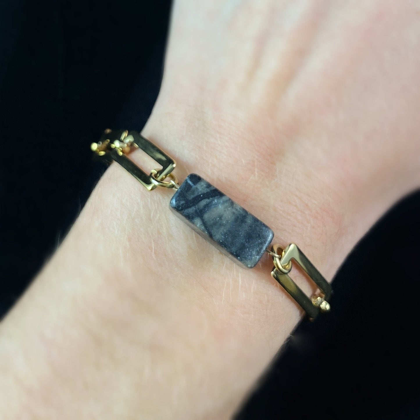 Marbled Green Rectangle Shaped Natural Stone Bracelet with Chunky Chain Link