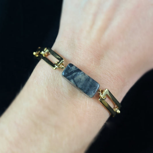 Marbled Green Rectangle Shaped Natural Stone Bracelet with Chunky Chain Link