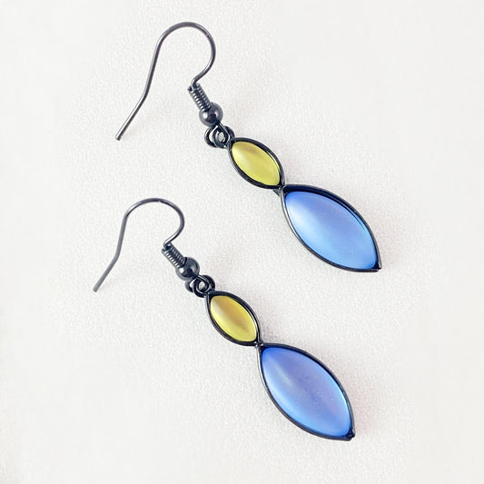 Marquise Shape Earrings with Black Wire and Handmade Glass Beads, Hypoallergenic, Blue/Green - Kristina