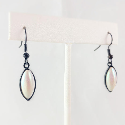 Marquise Shape Earrings with Black Wire and Handmade Glass Beads, Hypoallergenic, Shimmering Ivory - Kristina